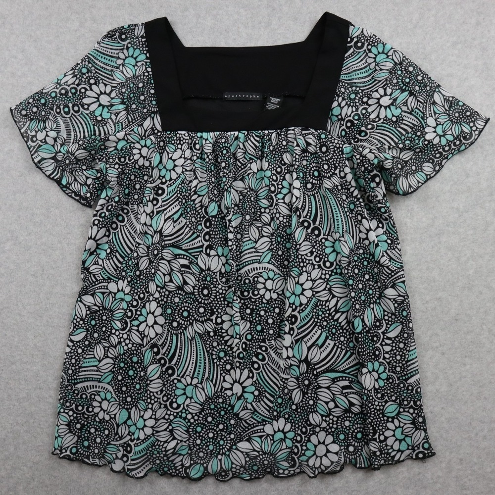 Apostrophe Top Womens XL Square Neck Blouse Casual Lined Floral Short Sleeve‎